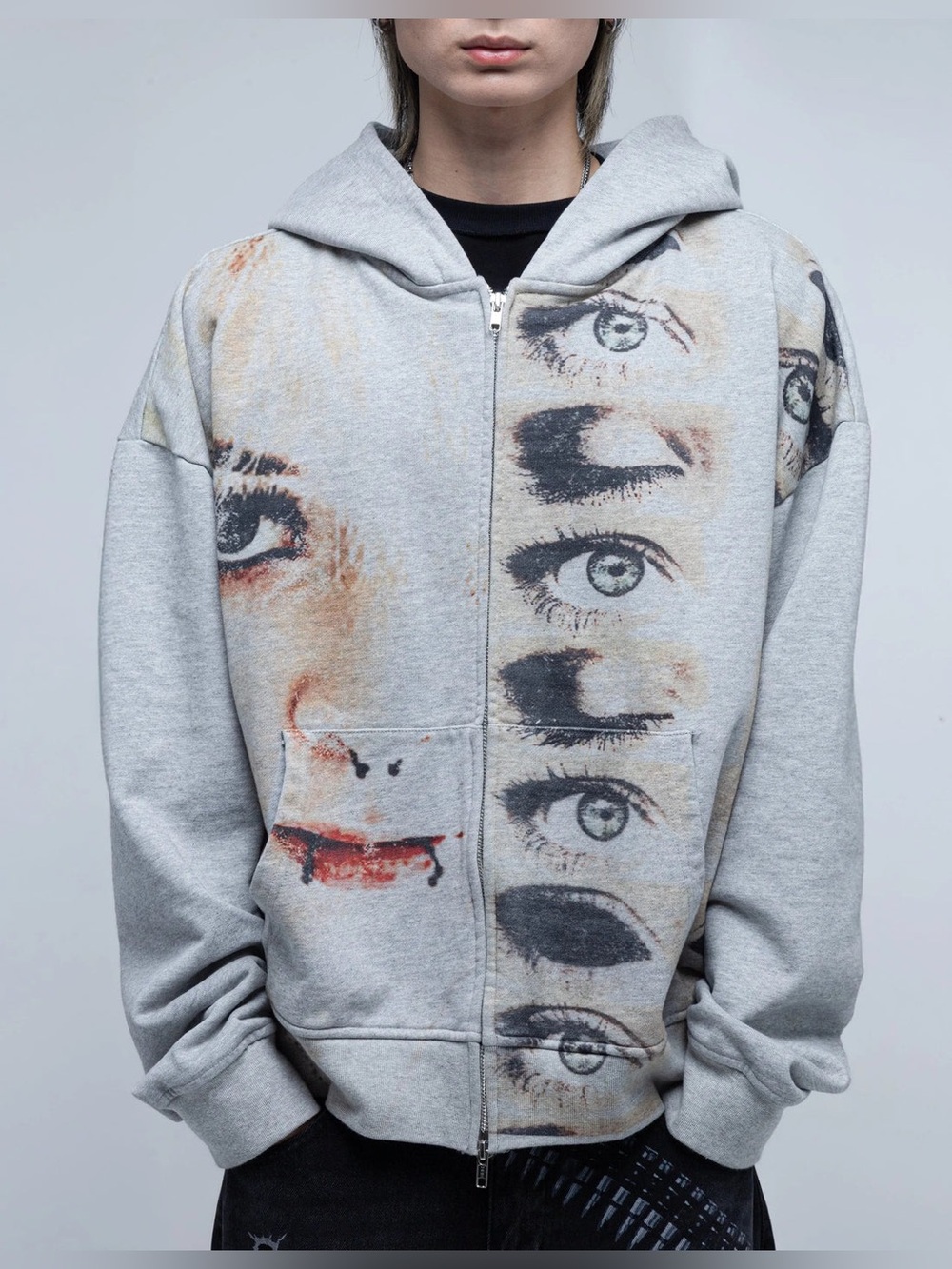 NEW Pholoh Graphic Eye Print Light Gray Zip Hoodie Sz S